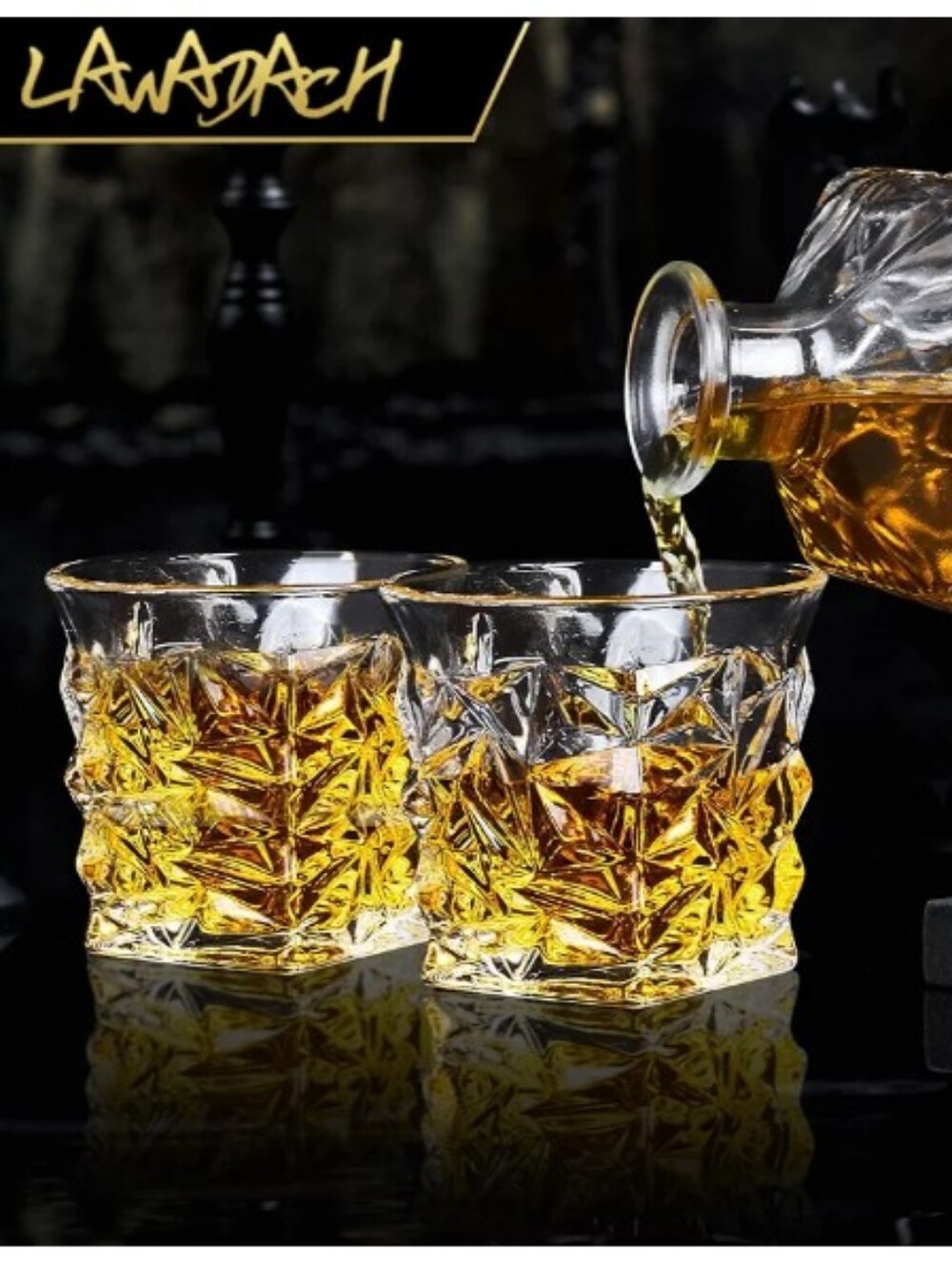 LAWADACH Diamond Cut-Glass Whiskey Tumbler Decanter Set- 3 Piece Set NEW IN BOX